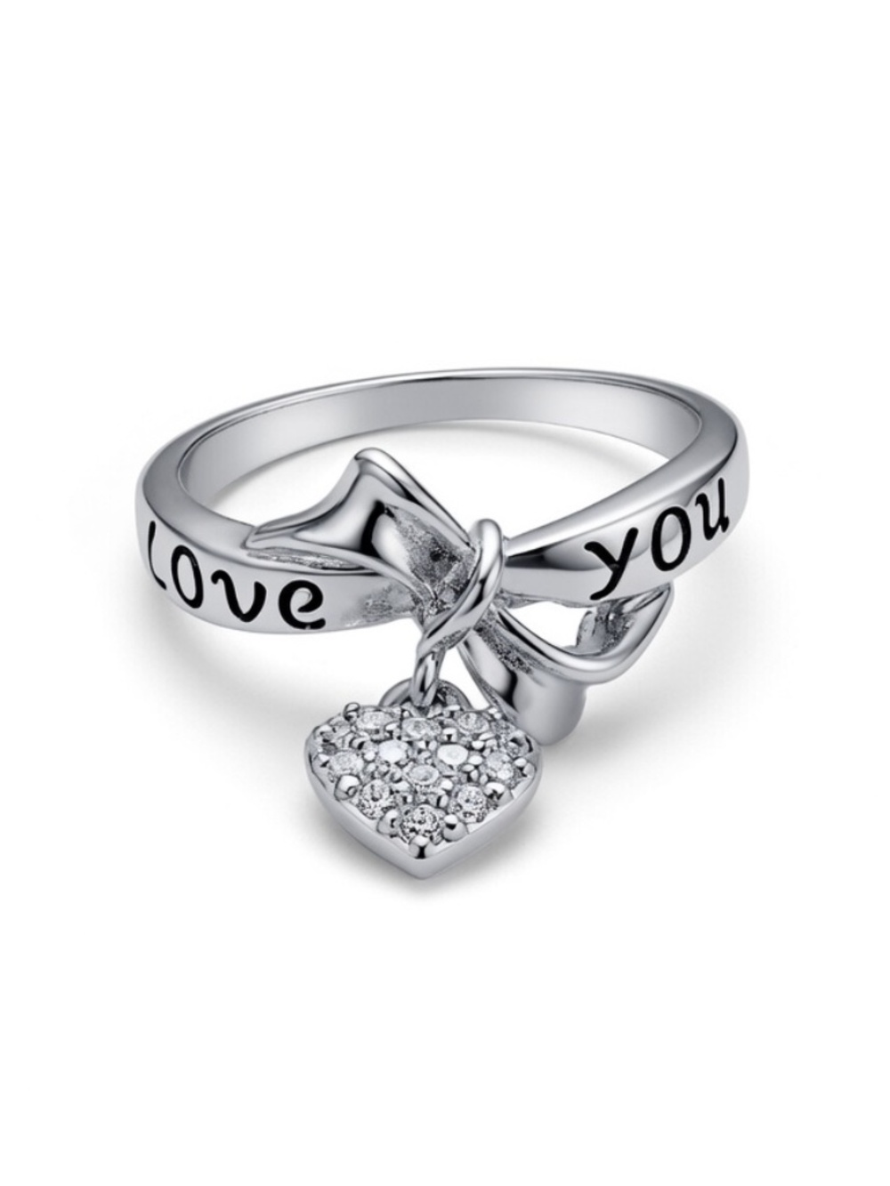 Love You Bow Heart Charm Ring – Size 6.5